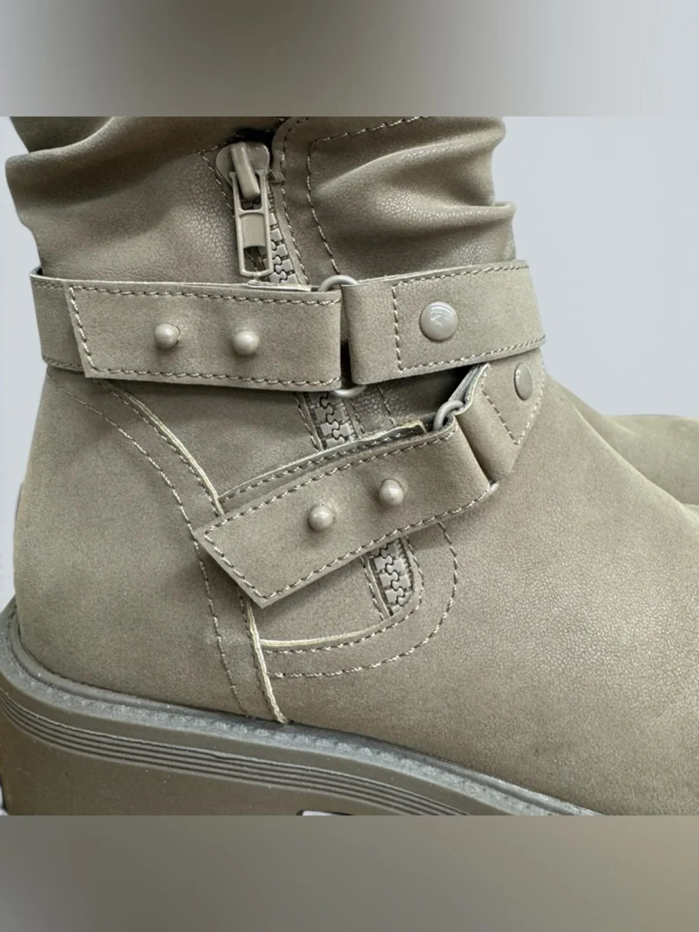 Maurice’s Arya Studded Moto Boot Suede Taupe Buckle Detail Size 8